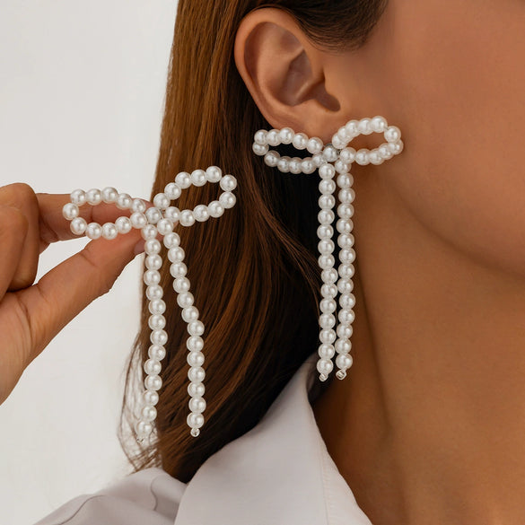 Jewelry Imitation Pearl Bow Tassel Earrings Electroplated