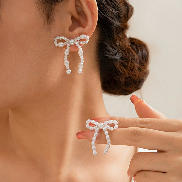 Jewelry Imitation Pearl Bow Tassel Earrings Electroplated
