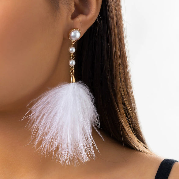 Jewelry Imitation Pearl Feather Tassel Handmade Geometric Earrings For Women