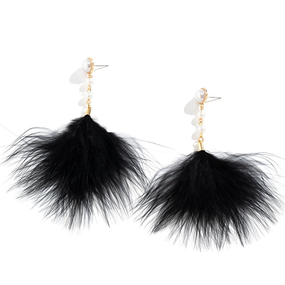 Jewelry Imitation Pearl Feather Tassel Handmade Geometric Earrings For Women
