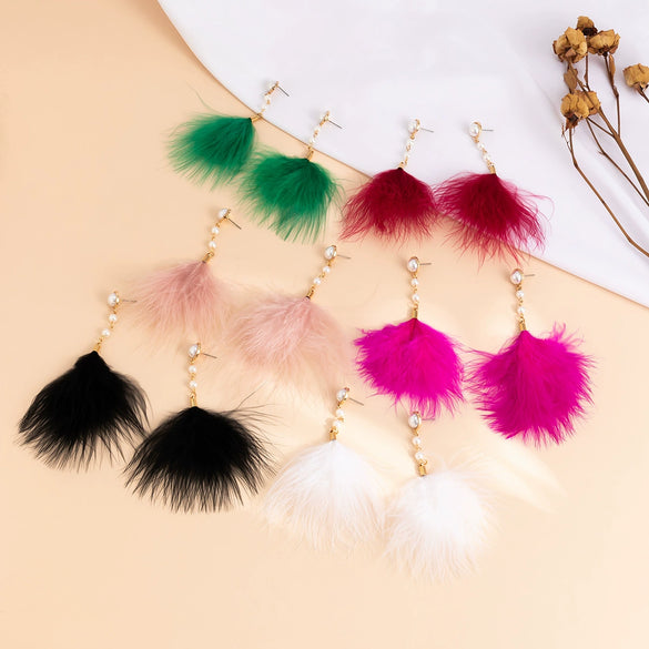Jewelry Imitation Pearl Feather Tassel Handmade Geometric Earrings For Women