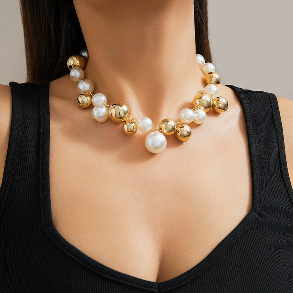 Jewelry Imitation Pearl Geometric Ball Chain Electroplated Women Choker