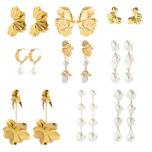 Jewelry Imitation Pearl Geometric Leaf Pleated Electroplated Women's Earrings
