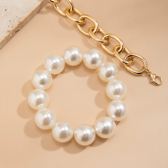 Jewelry Imitation Pearl Geometric Metal Chain Bracelet Electroplated For Women