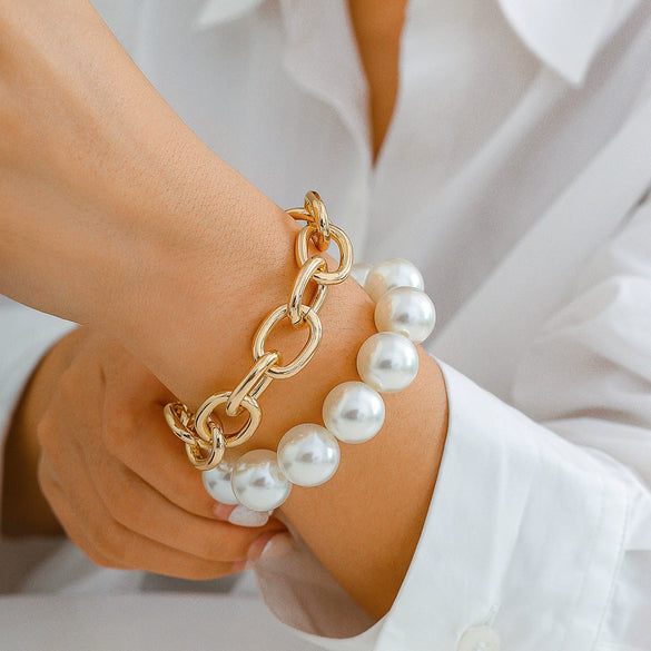 Jewelry Imitation Pearl Geometric Metal Chain Bracelet Electroplated For Women