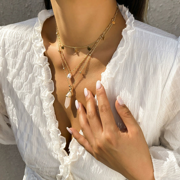 Jewelry Imitation Pearl Geometric Plastic Resin Alloy Electroplated Multilayer Necklace For Women