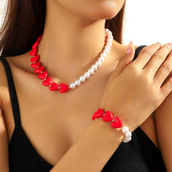 Jewelry Imitation Pearl Heart Pattern Electroplating Valentine's Day Earrings And Necklace