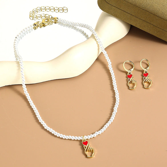 Jewelry Imitation Pearl Heart Pattern Electroplating Valentine's Day Earrings And Necklace