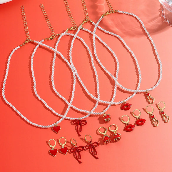 Jewelry Imitation Pearl Heart Pattern Electroplating Valentine's Day Earrings And Necklace