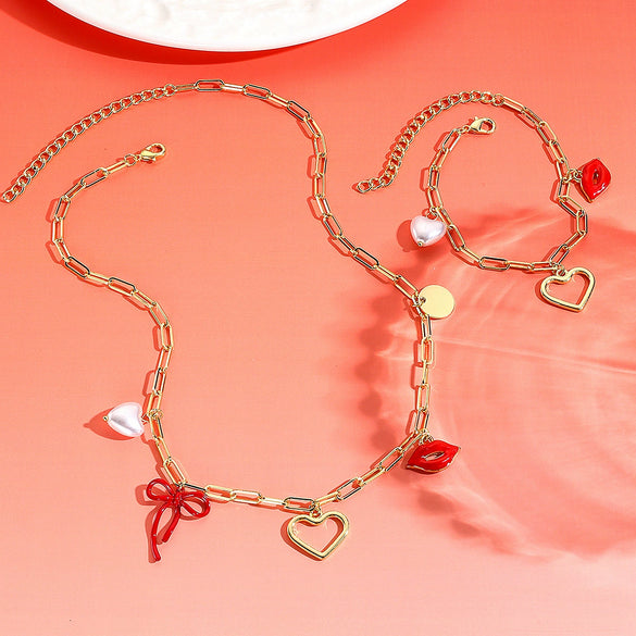 Jewelry Imitation Pearl Heart Pattern Electroplating Valentine's Day Earrings And Necklace