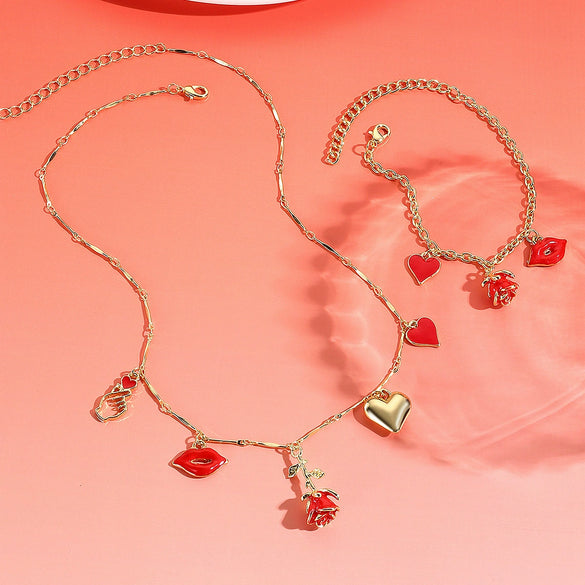 Jewelry Imitation Pearl Heart Pattern Electroplating Valentine's Day Earrings And Necklace