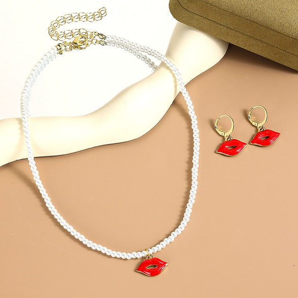 Jewelry Imitation Pearl Heart Pattern Electroplating Valentine's Day Earrings And Necklace