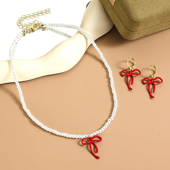 Jewelry Imitation Pearl Heart Pattern Electroplating Valentine's Day Earrings And Necklace