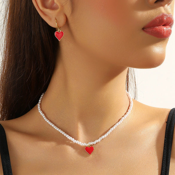 Jewelry Imitation Pearl Heart Pattern Electroplating Valentine's Day Earrings And Necklace