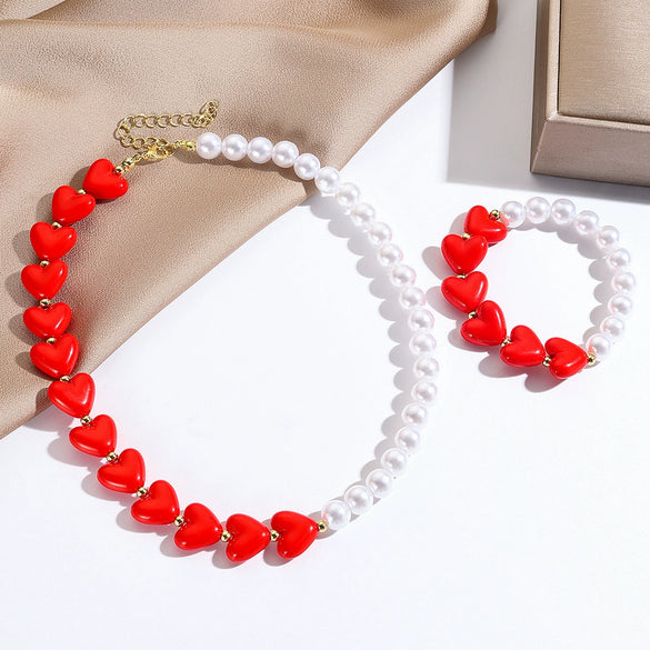 Jewelry Imitation Pearl Heart Pattern Electroplating Valentine's Day Earrings And Necklace