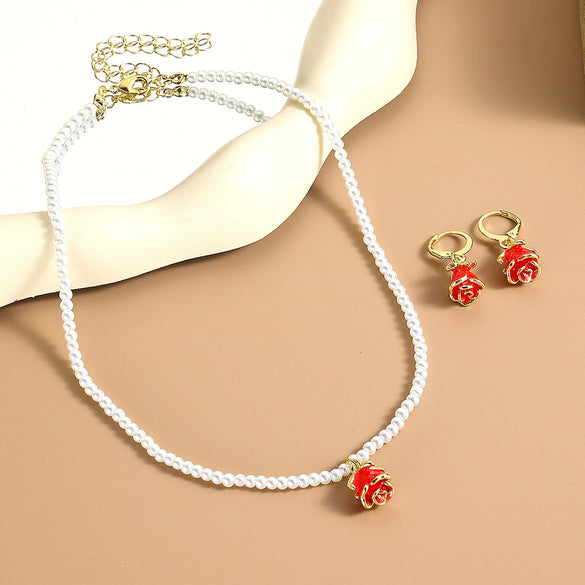Jewelry Imitation Pearl Heart Pattern Electroplating Valentine's Day Earrings And Necklace
