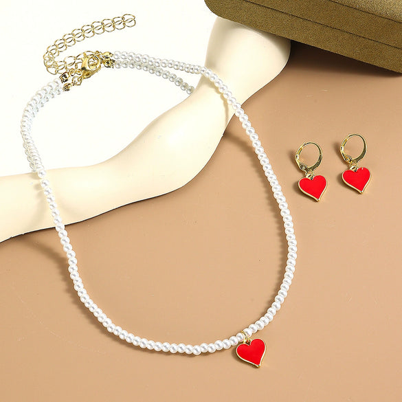 Jewelry Imitation Pearl Heart Pattern Electroplating Valentine's Day Earrings And Necklace