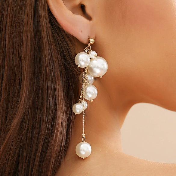 Jewelry Imitation Pearl Metal Beaded Tassel Earrings Geometric Style Electroplated For Women