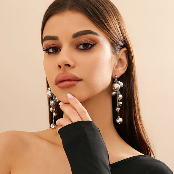 Jewelry Imitation Pearl Metal Beaded Tassel Earrings Geometric Style Electroplated For Women