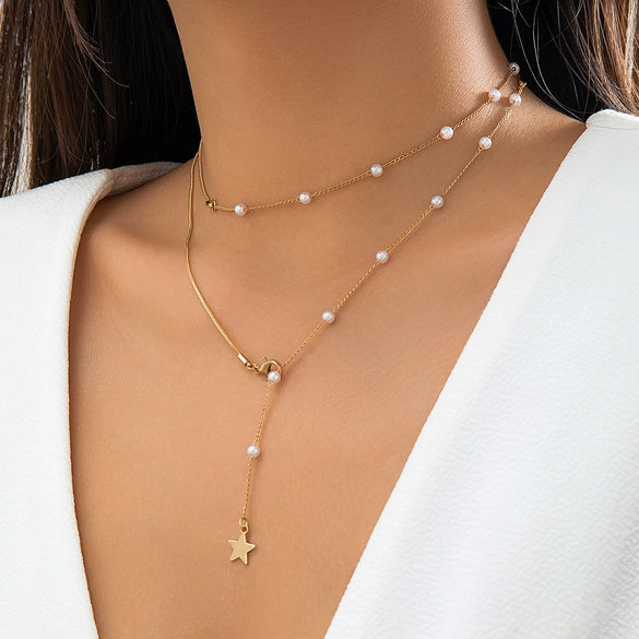 Jewelry Imitation Pearl Metal Star Geometric Electroplated Ochain Necklace For Women