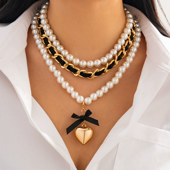 Jewelry Imitation Pearl Necklace Baroque Style Stacking Heart Shape Bow Tie Geometric