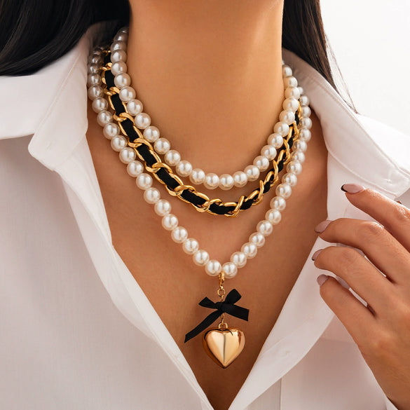 Jewelry Imitation Pearl Necklace Baroque Style Stacking Heart Shape Bow Tie Geometric