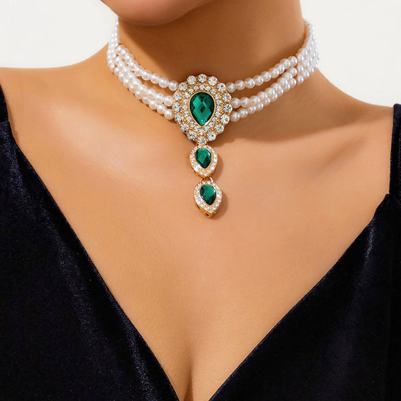 Jewelry Imitation Pearl Rhinestone Dropshaped Beaded Choker Necklace Electroplating Women's Retro Light Luxury Style
