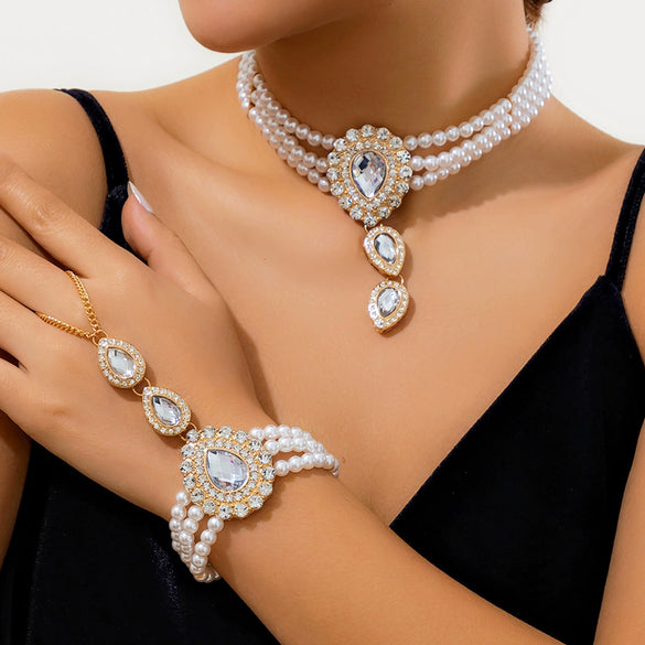 Jewelry Imitation Pearl Rhinestone Dropshaped Beaded Choker Necklace Electroplating Women's Retro Light Luxury Style