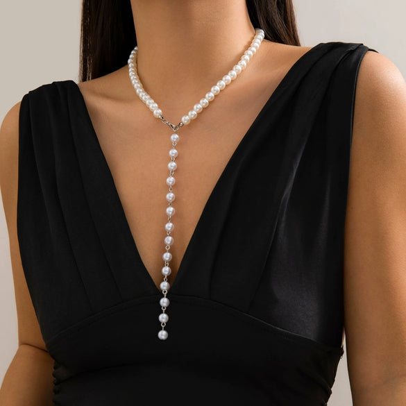 Jewelry Imitation Pearl Round Bead Collarbone Necklace Fashion Retro Long Tassel Electroplating Geometric Style