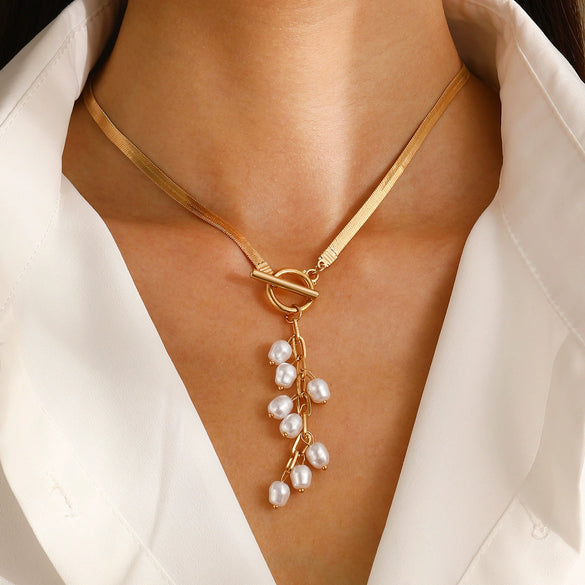 Jewelry Imitation Pearl Tassel Snake Bone Chain Stainless Steel Electroplating Baroque Palace Retro Geometric Style