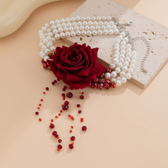 Jewelry Imitation Pearls Cloth Strips Imitation Crystal Flower Pattern Electroplating Cool Style Clavicle Chain