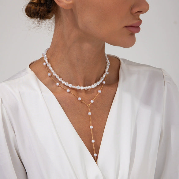 Jewelry Imitation Pearls Geometric Handmade Multilayer Clavicle Chain Yshaped Tassel Necklace Set For Women