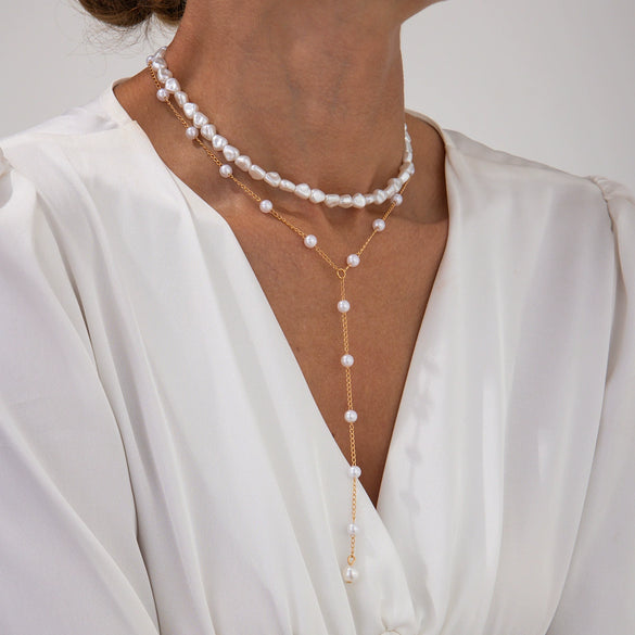 Jewelry Imitation Pearls Geometric Handmade Multilayer Clavicle Chain Yshaped Tassel Necklace Set For Women