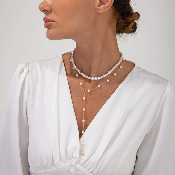 Jewelry Imitation Pearls Geometric Handmade Multilayer Clavicle Chain Yshaped Tassel Necklace Set For Women