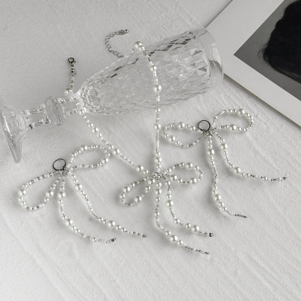Jewelry Imitation Pearls Rice Beads Bow Electroplated Simple Women's Earrings Necklace