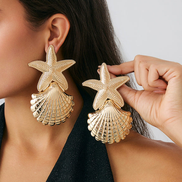Jewelry Iron Animal Zodiac Style Starfish Conch Scallop Pendant Necklace And Earrings Electroplating For Women