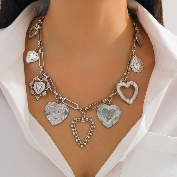 Jewelry Iron Chain Alloy Heart Shape Pendant Clavicle Chain Metallic Stripe Electroplating For Women