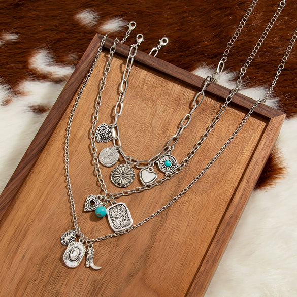 Jewelry Iron Chain Copperclad Iron Chain Alloy Imitation Turquoise Geometric Love Flower Star Pendant Necklace Electroplating