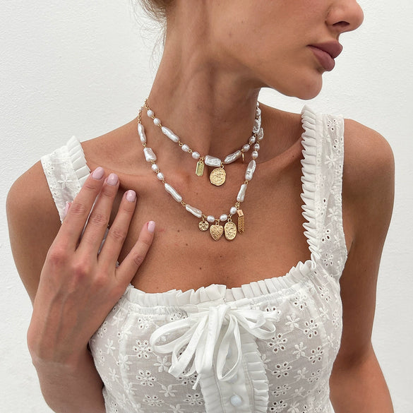 Jewelry Iron Chain Imitation Pearl Alloy Geometric Cross Pendant Necklace For Women With Electroplating Design