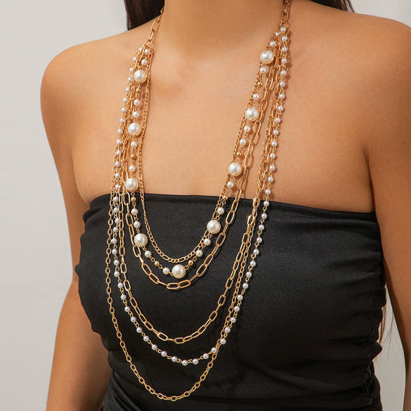 Jewelry Iron Chain Imitation Pearl Geometric Style Electroplated Long Clavicle Chain For Women