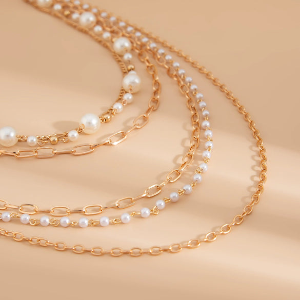 Jewelry Iron Chain Imitation Pearl Geometric Style Electroplated Long Clavicle Chain For Women