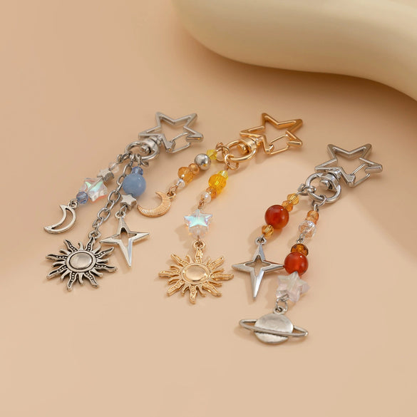 Jewelry Keychain Alloy Imitation Pearl Woven With Sunflower Crystal Accessories Minimalist Style With Stars Sun And Moon Clouds Universe Pattern Electroplated