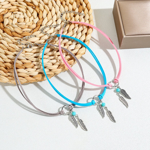 Jewelry Leather Alloy Leaves Geometric Round Electroplating Lady Choker Necklace