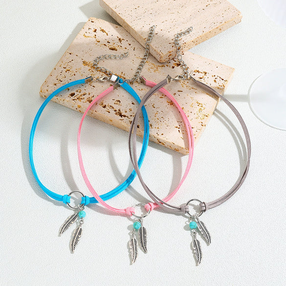 Jewelry Leather Alloy Leaves Geometric Round Electroplating Lady Choker Necklace