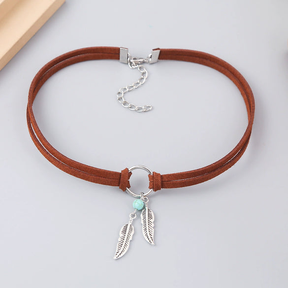 Jewelry Leather Alloy Leaves Geometric Round Electroplating Lady Choker Necklace