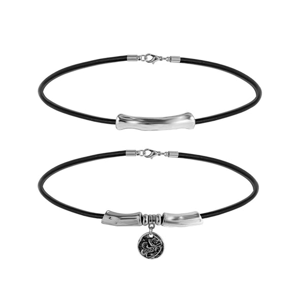Jewelry Leather Wax Thread Alloy Hiphop Geometric Cylindrical Multilayer Clavicle Chain Necklace Set