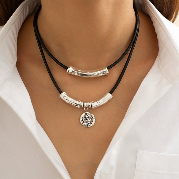 Jewelry Leather Wax Thread Alloy Hiphop Geometric Cylindrical Multilayer Clavicle Chain Necklace Set