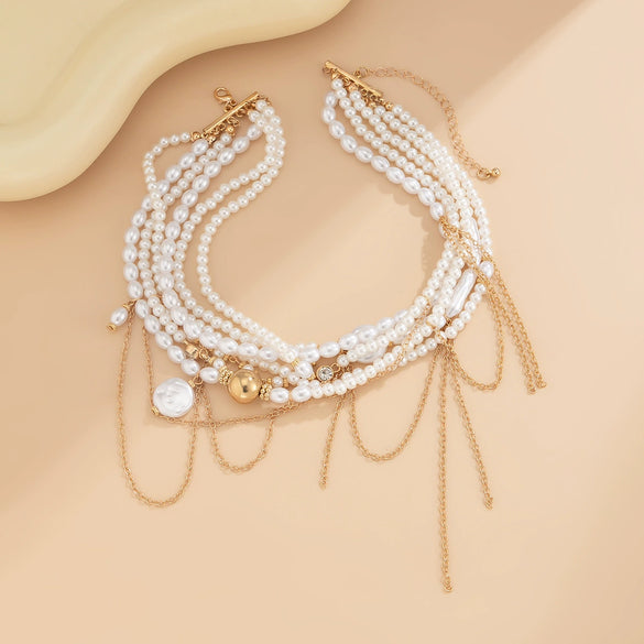 Jewelry Light Luxury Alloy And Imitation Pearl Multilayer Tassel Necklace With Geometric Pattern And Electroplating