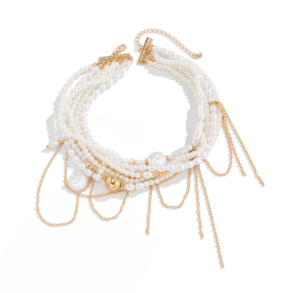 Jewelry Light Luxury Alloy And Imitation Pearl Multilayer Tassel Necklace With Geometric Pattern And Electroplating