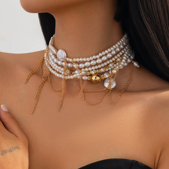 Jewelry Light Luxury Alloy And Imitation Pearl Multilayer Tassel Necklace With Geometric Pattern And Electroplating